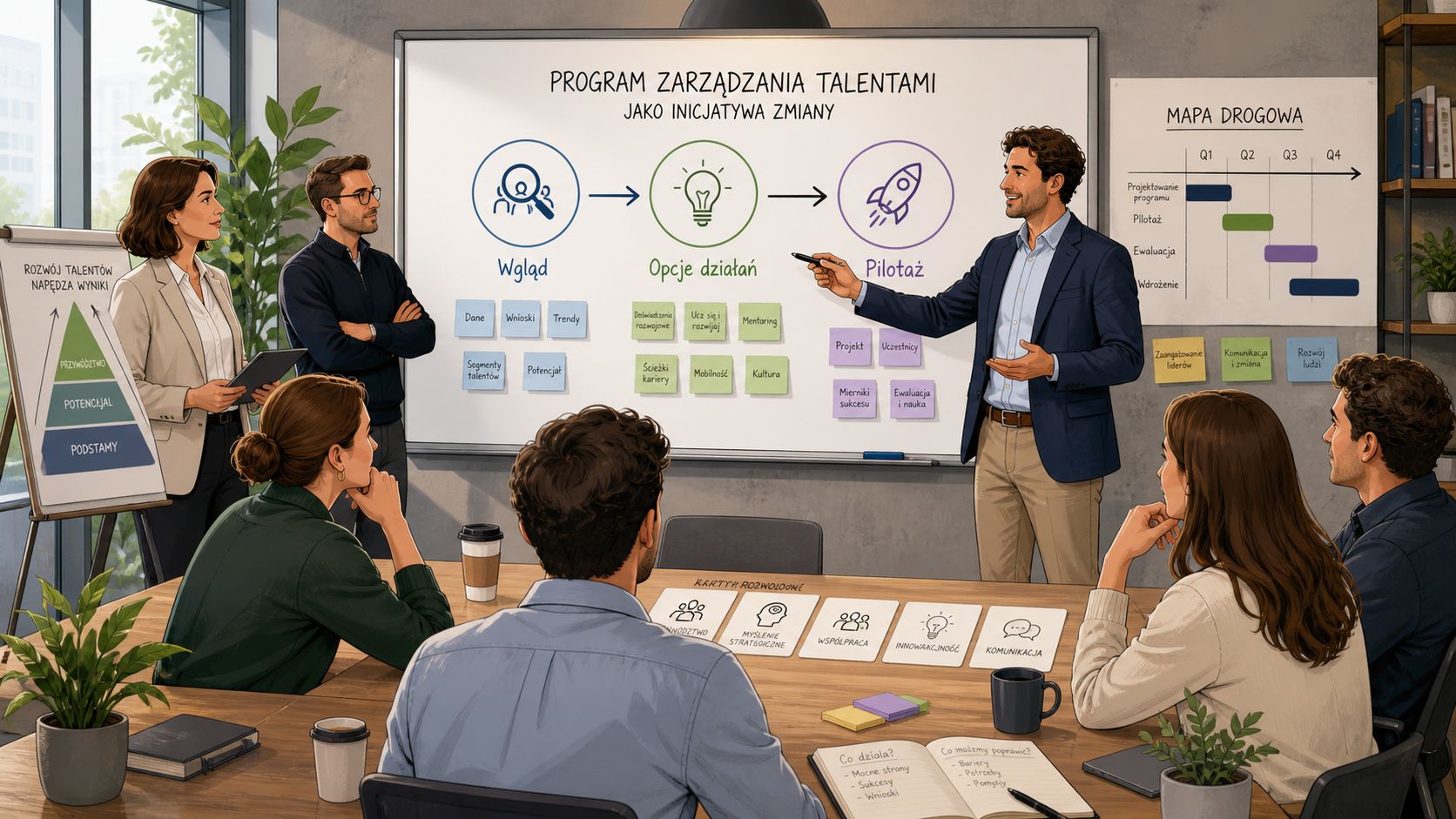 Zarządzanie talentami: Wdrożenie programu zarządzania talentami warto prowadzić jak zmianę: od Wglądu i Opcji działań po pilotaż sprawdzający założenia w praktyce.